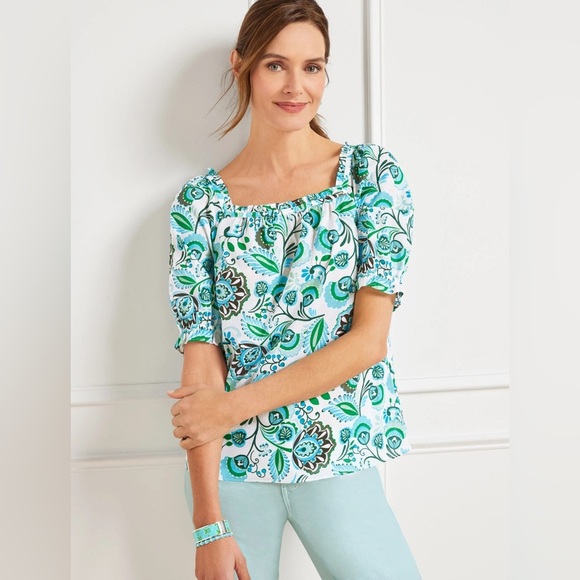 Talbots GRACEFUL FLORAL RUFFLE SQUARE NECK TOP Coastal Blue Green gauze cotton - Picture 2 of 13
